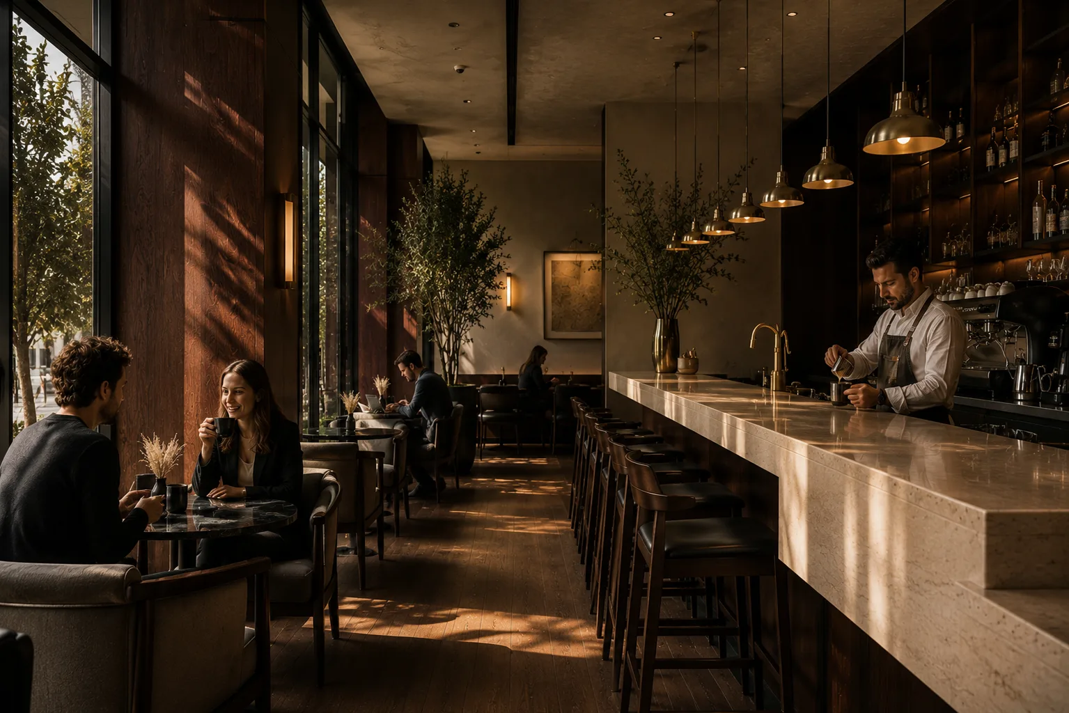 Interno di Bruma Café con bancone in legno e luce naturale